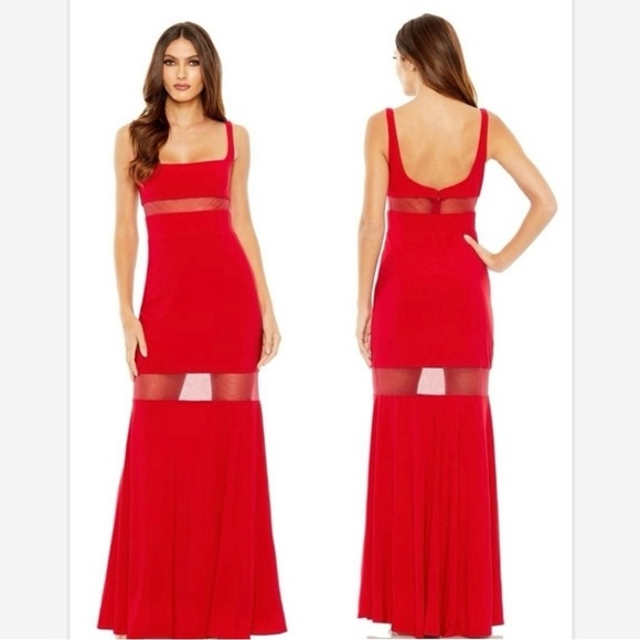 MAC DUGGAL Red Sheer Mesh Panel Detail Column Gown Women 16 Maxi Gown Sleeveless - Picture 1 of 11